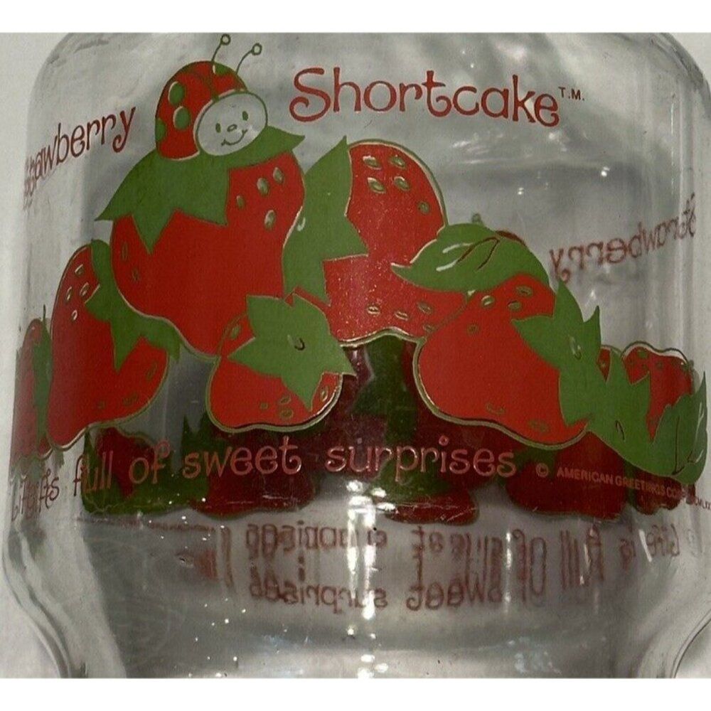 Vintage STRAWBERRY SHORTCAKE Carafe Glass Pitcher Decanter 80s Ladybug Berries